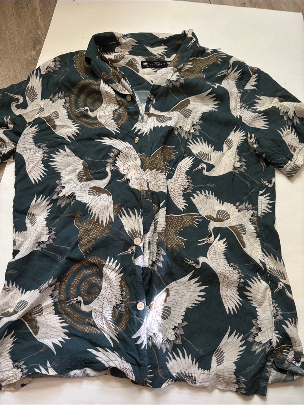 All Saints Men's Crane Print Short Sleeve Button-Down Shirt - Dark Teal